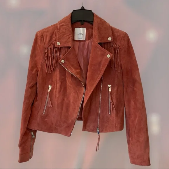 MNG Mango Leather biker fringed jacket with zipper detail, mauve color, Sz M - Picture 1 of 16